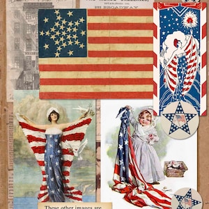 Peut inclure: Un collage d'images vintage mettant en sc&egrave;ne le drapeau am&eacute;ricain. Les images comprennent une femme v&ecirc;tue d'une robe en forme de drapeau am&eacute;ricain, une jeune fille tenant un drapeau et un motif en forme d'&eacute;toile avec le drapeau am&eacute;ricain au centre.