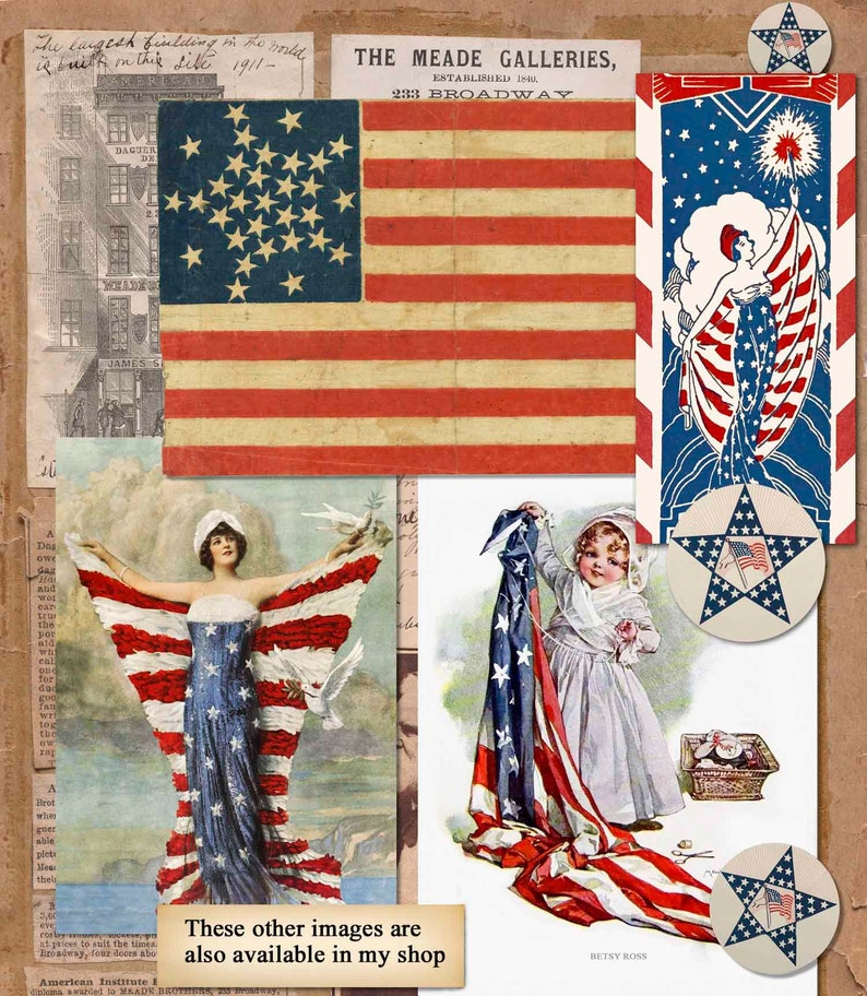 Peut inclure: Un collage d'images vintage mettant en sc&egrave;ne le drapeau am&eacute;ricain. Les images comprennent une femme v&ecirc;tue d'une robe en forme de drapeau am&eacute;ricain, une jeune fille tenant un drapeau et un motif en forme d'&eacute;toile avec le drapeau am&eacute;ricain au centre.