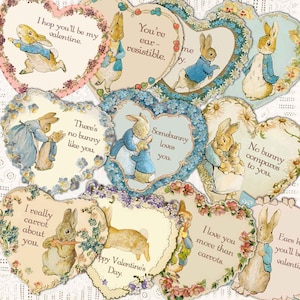 Puede incluir: Diez tarjetas de San Valentín en forma de corazón con ilustraciones de Peter Rabbit y sus amigos. Las tarjetas tienen varios mensajes, que incluyen "Espero que seas mi Valentín", "Eres irresistible", "No hay ningún conejo como tú", "Alguien te quiere", "Ningún conejo se compara contigo", "Realmente me gustan las zanahorias para ti", "Te quiero más que a las zanahorias", y "Orejas él serás valenti".