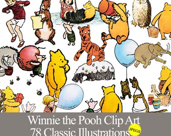 Classic Winnie the Pooh clip art graphics for baby shower, birthday party, crafts, stickers, scrapbooking, junk journals. Digital printable.