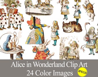 Alice in Wonderland clipart JPEG graphics. Digital download printable ephemera. Alice birthday tea party, junk journal, stickers, scrapbook