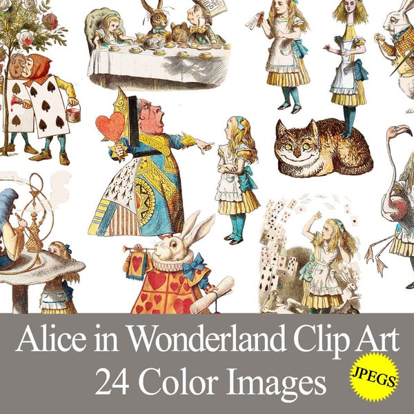 Alice in Wonderland clipart JPEG graphics. Digital download printable ephemera. Alice birthday tea party, junk journal, stickers, scrapbook