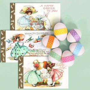 Cartoline pasquali vintage stampabili Ragazze con cappellini pasquali con immagini clipart di bordo, download vittoriano. Scrapbooking, artigianato, diario spazzatura