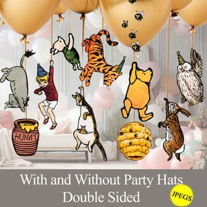 Classic Winnie the Pooh Clip Art Holding Balloons Hanging characters DIY cutout prop, baby shower birthday party centerpiece decor printable