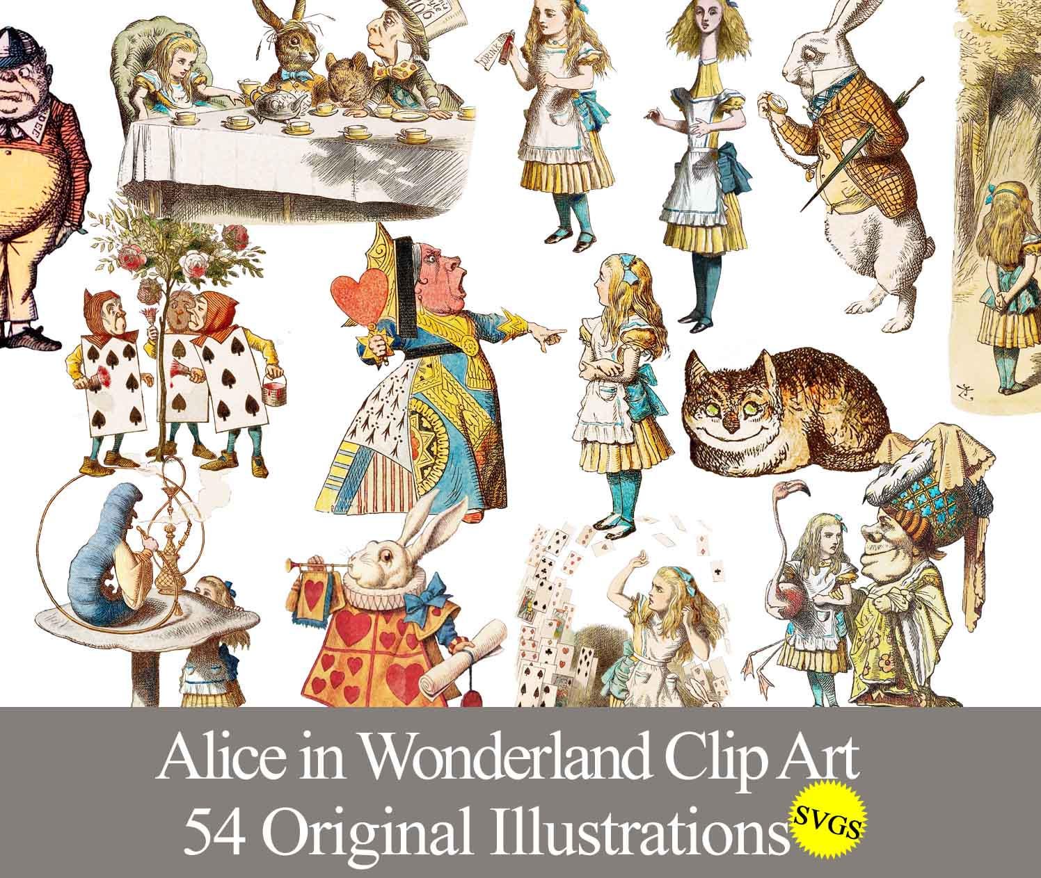 Alice in Wonderland clip art SVG graphics for sublimation and crafts. Digital download printable. Birthday party stickers decals transfers
