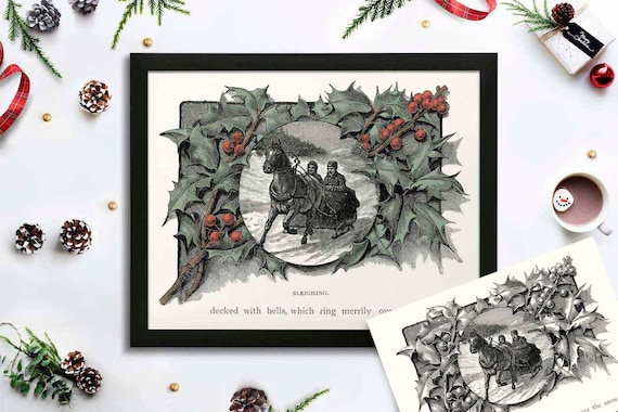 Victorian Christmas Rustic Sleigh Ride Print, Vintage Holiday Wall Art Vintage One Horse Open Sleigh wall art, home decor, greeting cards