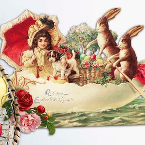 Carte de Pâques découpée vintage imprimable. Fille et lapins de Pâques dans un graphique clipart bateau. Journal éphémère de scrapbooking victorien à télécharger