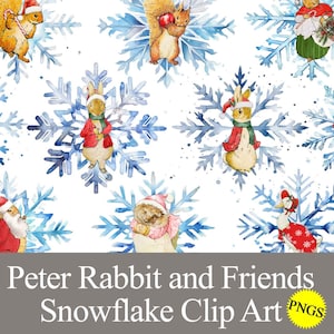 Peter Rabbit Christmas Clip Art PNG watercolor snowflake graphics for xmas party, sublimation journal digital printable Beatrix Potter print