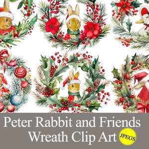 Peter Rabbit Christmas Wreath clip art JPEG aquarela gráficos para festa de natal, etiquetas, cartões, diário, impressão digital Beatrix Potter impressão
