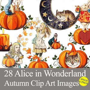 Alice in Wonderland Fall PNG & JPEG clip art graphics for Thanksgiving Halloween party junk journals transfers sublimation digital printable