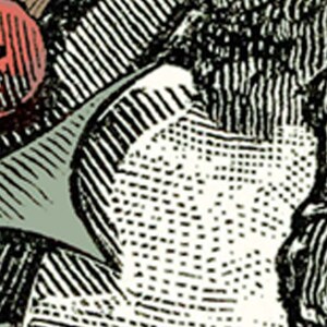 May include: A black and white illustration of a person's face with a striped pattern. The person is wearing a hat with a red button.