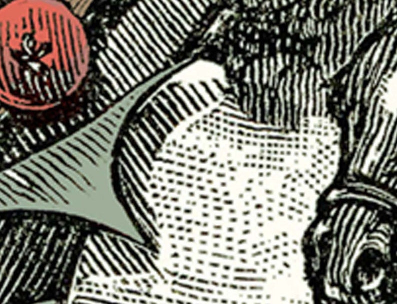 May include: A black and white illustration of a person's face with a striped pattern. The person is wearing a hat with a red button.