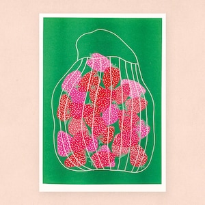 A4 Riso Print “Fresas” – Arte de pared, Impresión de arte, Póster, Ilustración