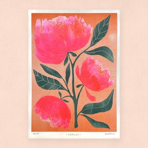 A4 Riso Print “peonías” – Arte de pared, Impresión de arte, Póster, Ilustración