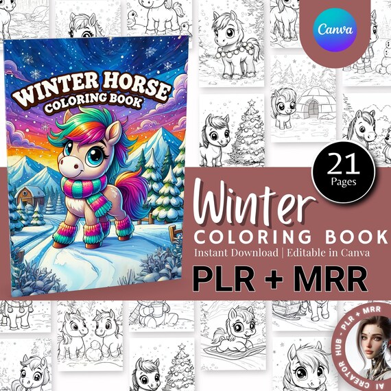 Winter Horse Coloring Book for Kids | 21 Kawaii Animal Printables | PLR MRR Canva Template | Instant Download for Parents & Teachers