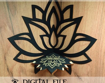 Peut inclure: Conception de fleur de lotus noire découpée au laser avec une section inférieure détaillée, sur fond de grain de bois. L'image comprend le texte "AI, SVG, PDF, DXF, LIGHTBURN" et "DIGITAL FILE FOR LASER CUTTING".