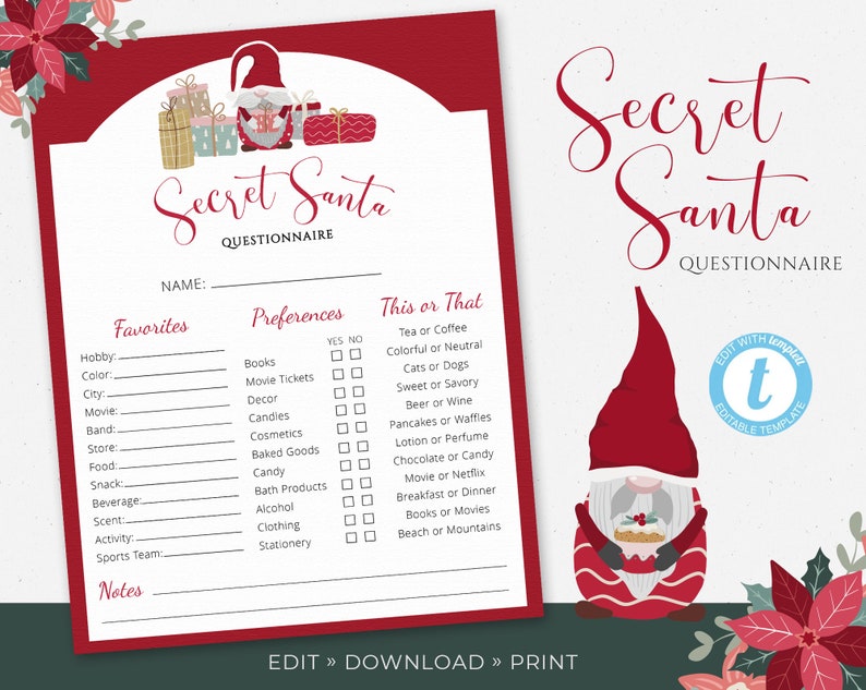 Printable Secret Santa Questionnaire, Kids Editable Secret Santa Gift ...