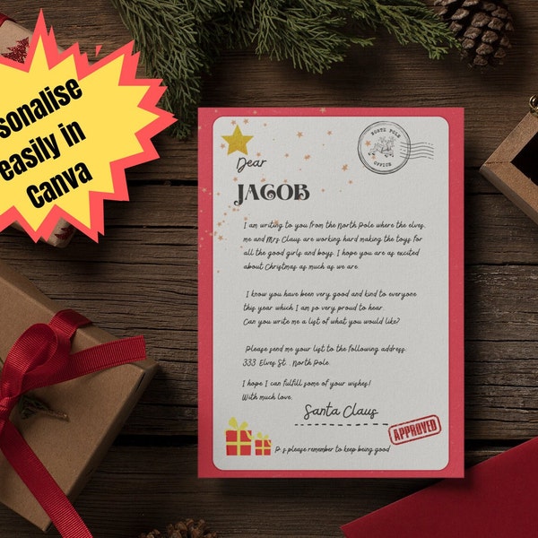 Instant editable Santa Claus letter, template in A4, to and from letters, festive North pole fun for your child