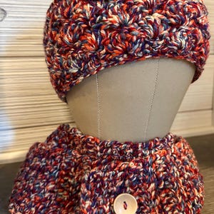 Crocheted Scarf and Earwarmer Band Set in Multicolored Variegated with Red Base