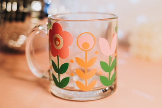 Groovy Floral Glass Mug, Gifts For Her, Trendy Glass cup, Aesthetic Mug,  70's , Hot Coffee Mug, Clear Mug, Valentines Gift