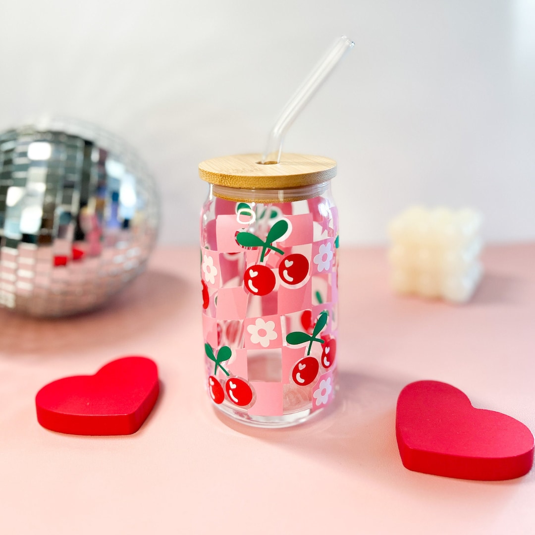 Checkered Cherry Glass Cup, Cute Coffee Glass, Retro Glass Cup, Groovy