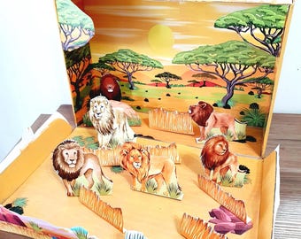 Diorama de leões em caixa de sapatos para imprimir: Arquivo digital do habitat da savana