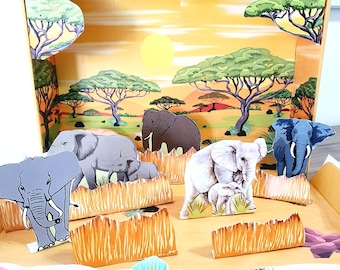 Diorama de elefante imprimible en caja de zapatos: Hábitat de la sabana (archivo digital)