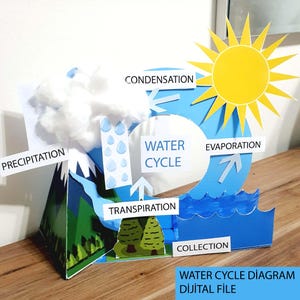 Könnte beinhalten: Ein farbenfrohes 3D-Modell des Wasserkreislaufs mit gelber Sonne, blauem Meer und weißen Wolken. Beschriftete Komponenten umfassen Niederschlag, Kondensation, Verdunstung und Sammlung. Der Text "WATER CYCLE DIAGRAM" ist sichtbar.