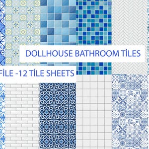 印刷可能なミニチュアドールハウスのバスルームタイル床：青、白、スケール1/6-1/12、青、A4用紙、デジタルファイル