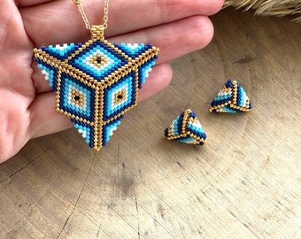 Evil Eye Beaded Miyuki Triangle 3D Polka Blue Gold Women Necklace with Earrings Jewelery Set ,Mothers Day Gift  Jewelery