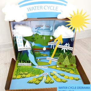 May include: A water cycle diorama presented in a cardboard box, showcasing a blue sky background and cotton wool clouds. The model includes labels for various stages like precipitation and evaporation, with a yellow sun cutout. The text "WATER CYCLE" is displayed at the top.