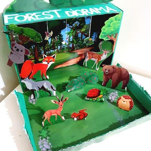 Printable Shoebox Diorama,Green Forest Habitat Animals Nature Miniature Diorama Project For Kids Kit Dijital File