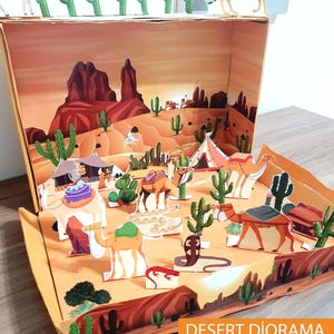 Utskrivbar skokartongökendiorama: Digital fil med kamelkaktushabitat