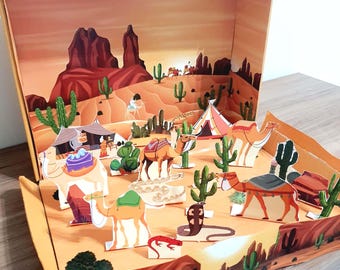 印刷可能なシューボックス砂漠ジオラマ：ラクダサボテンの生息地デジタルファイル