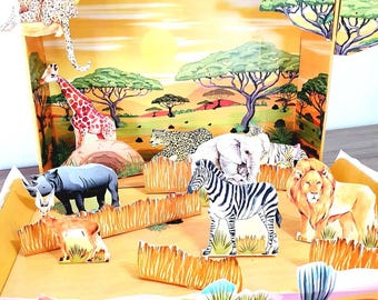 Utskrivbar skokartong savann diorama: Zebra elefant lejon tiger livsmiljö digital fil