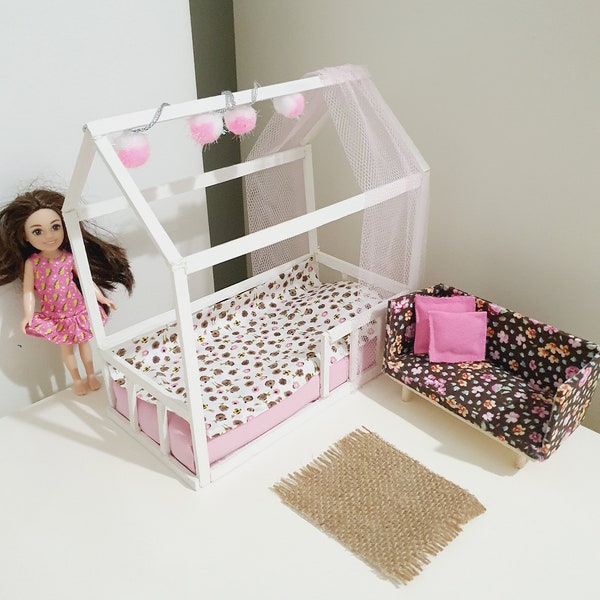 wooden barbie dollhouse single miniature cabin bed 1:12 scale ,modern doll bed with mattress,kids cabin bed kit