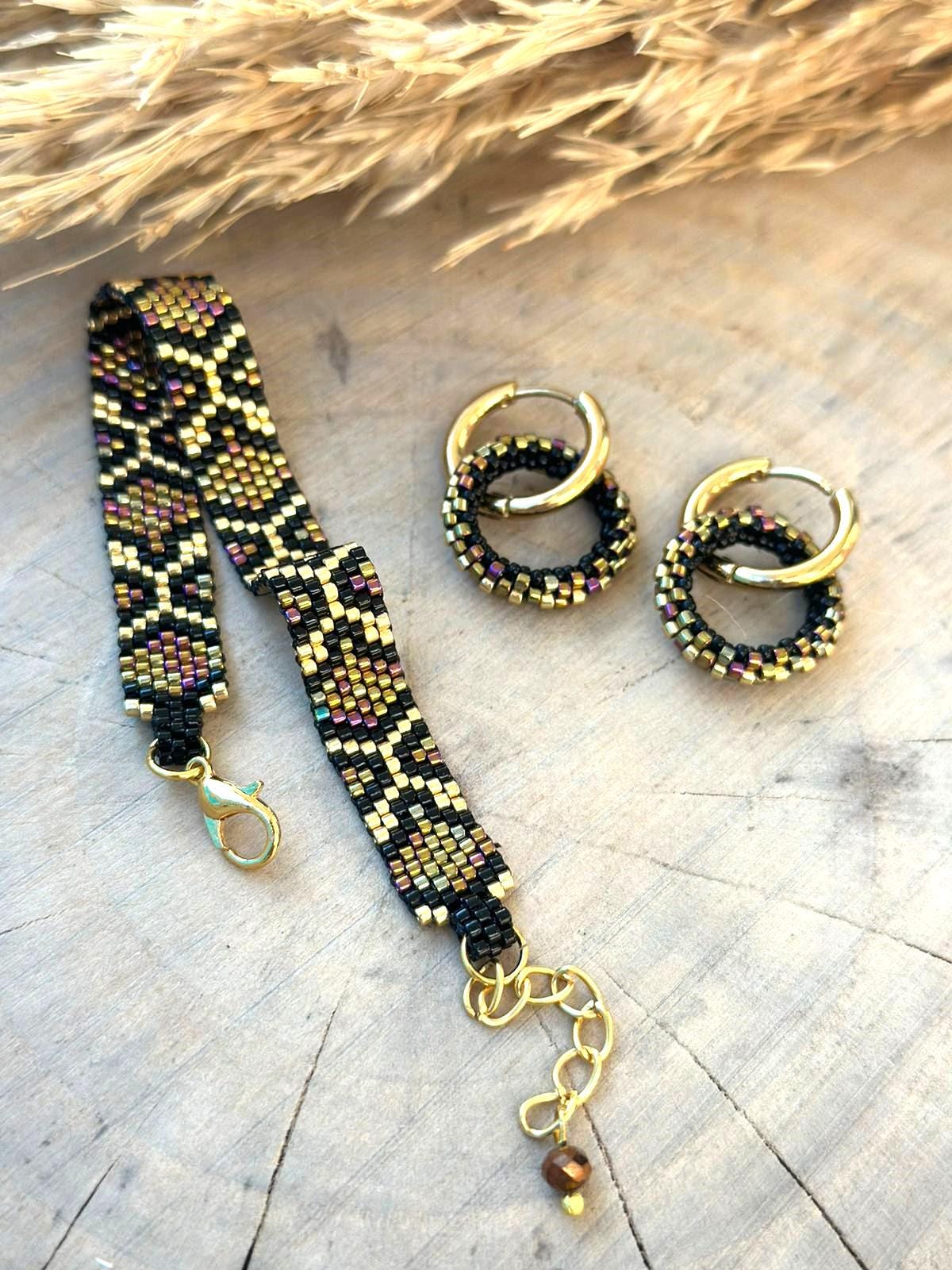 Women Leopard Gold Brown Black Miyuki Bracelet Stell Earring Women Leopard Gold Brown Black Miyuki Bracelet Stell Earring