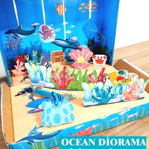 Drukowana Diorama Pudełka Na Buty, Błękitne Morze Oceaniczne Siedlisko Zwierzęta Ryby Rekin Miniatura Diorama Projekt Dla Dzieci Zestaw Plik Dijital