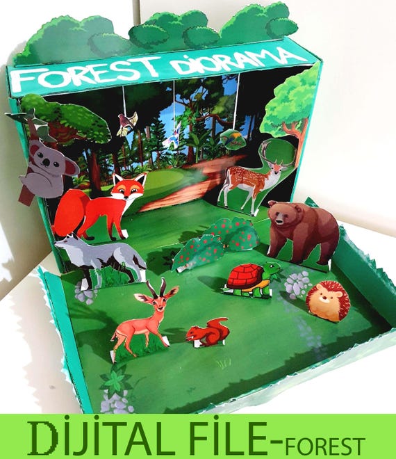 印刷可能な靴箱ジオラマ、緑の森の生息地の動物の自然ミニチュア