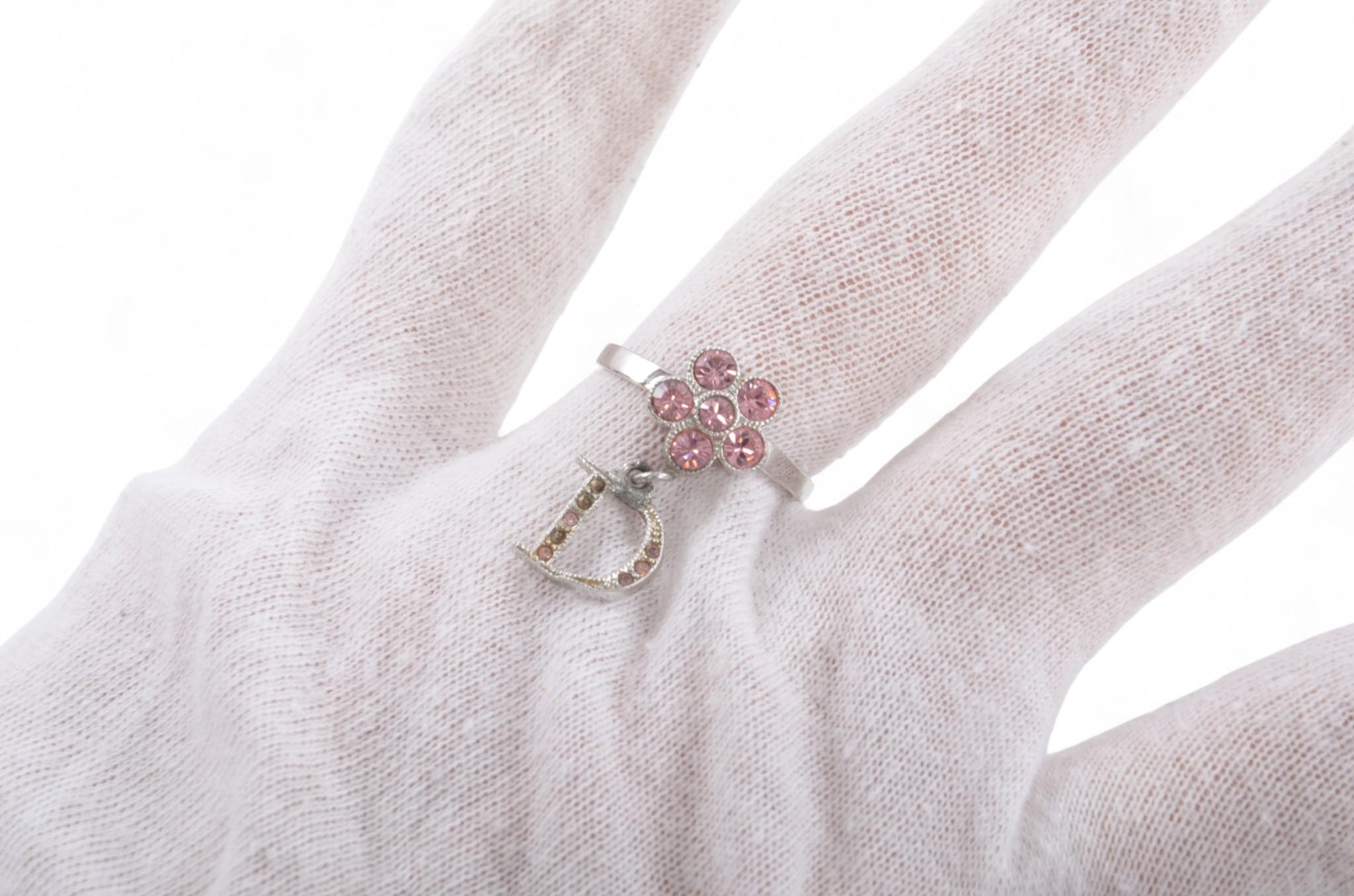 Christian Dior Flower Band Ring Stone Silver Tone Metal Rhinestone