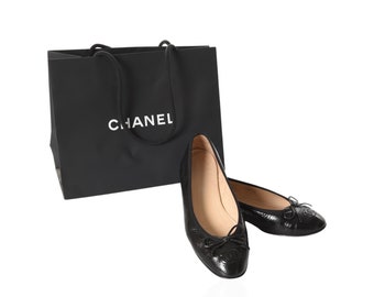 Chanel Ballet Flats Shoes Ballerina Ballet Flat Pumps Ribbon Patent Leather Size 37 C