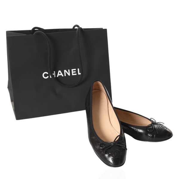 Chanel Ballet Flats Shoes Ballerina Ballet Flat Pumps Ribbon Patent Leather Size 37 C