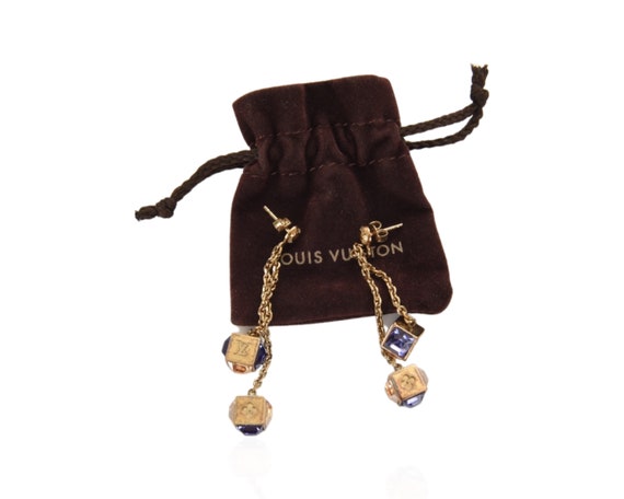 Louis Vuitton Gamble Crystal Gold Tone Cube Dice Pandant Dangle Earrings