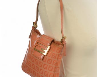Fendi Zucca Mini Bag Handbag Patent Leather Vintage Orange Apricot Designer Classic Rare Authentic