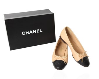 Chanel Ballet Flats Shoes Ballerina Ballet Flat Pumps Ribbon Leather Beige Black Size 37,5 C