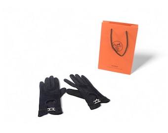 Hermès Black Suede Gloves Vintage Silver Size 6.5