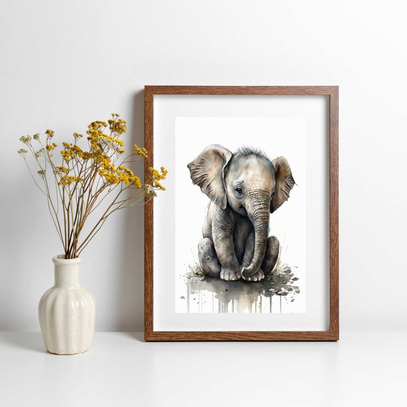 Baby Elephant Printable Wall Art, Watercolor Baby Elephant Painting, Nursery Wall Art, Animal