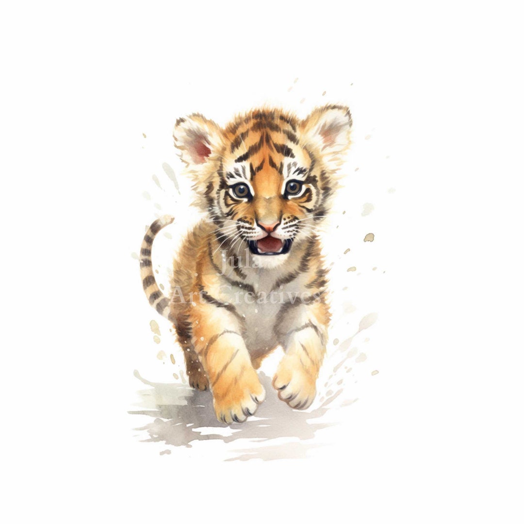 Playing Baby Tiger Printable Wall Art, Playfull Watercolor Tiger Cub Print, Nursery Wall Art ...