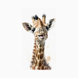 Happy Giraffe Printable Wall Art, Cute Watercolor Giraffe Portrait, Nursery Wall Art, Animal Print, Safari Animal, Jungle