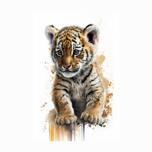 Arte de pared imprimible de tigre bebé, impresión de cachorro de tigre de acuarela, arte de pared de vivero, impresión animal, animal de Safari, selva